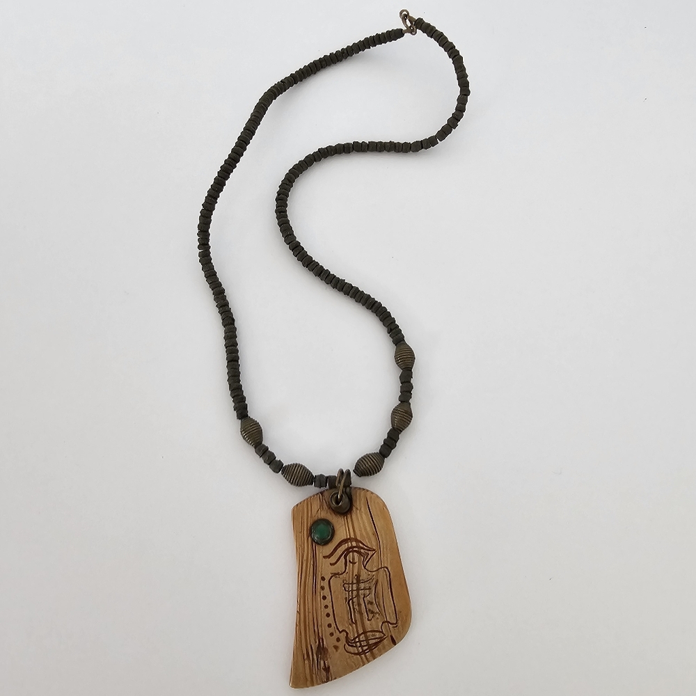 Vintage Tribal Petroglyph Wood Slab Necklace Boho Artisan Statement Piece
